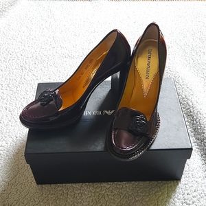 Like New. Emporio Armani XEDA 92 Rosette High Heel Pumps. Burgundy. Size 7.5